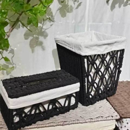 Tissue Box Woven Cotton Rope Paper Cube Organizer Container Case Holder Black