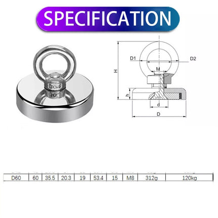 120kg Salvage Magnet Recovery Neodymium Strong Magnetic Hook Treasure Hunting Fishing