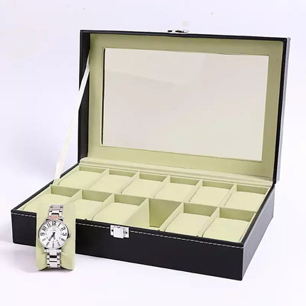 12 Grids Leather Watch Box Organizer Case Jewelry Display Storage Showcase