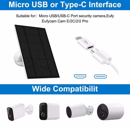 Solar Panel for Outdoor Security Camera, 5V 3W with Micro USB & Type-C Adapter Black