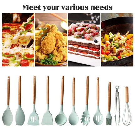 Silicone Utensils Set Wooden Cooking Kitchen Baking BPA Free Cookware Gift 12PCS