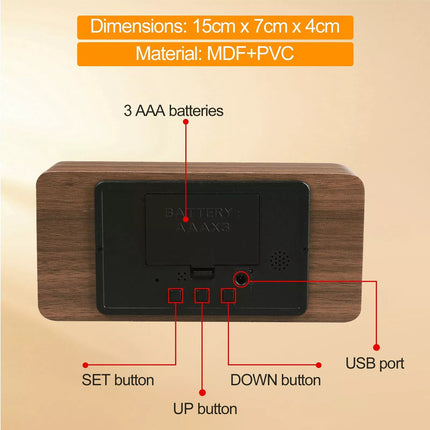 Wooden LED Digital Alarm Clock Temperature Bedside Table Time Display Room Decor
