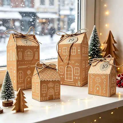 24PCS Gingerbread House Christmas Boxes Cute House Shaped for Xmas Gift Boxes