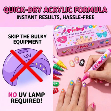 Pinky Pop Nail Pens 12 Colors Dual-Tip Nail Polish Pens Set,Quick-Dry, No UV Lam
