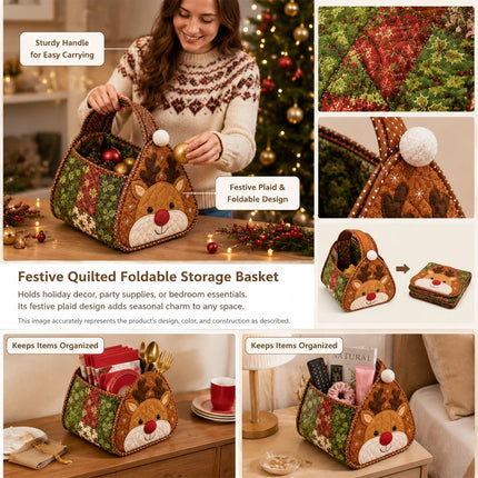 Christmas Elk DIY Quilted Fabric Christmas Handheld Basket Storage Basket for Gifts Candies AU