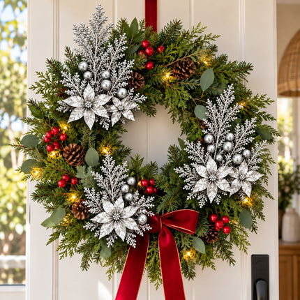 6Pcs Christmas Tree Branch Picks Artificial Poinsettia Floral Spray Xmas Wreath Silver