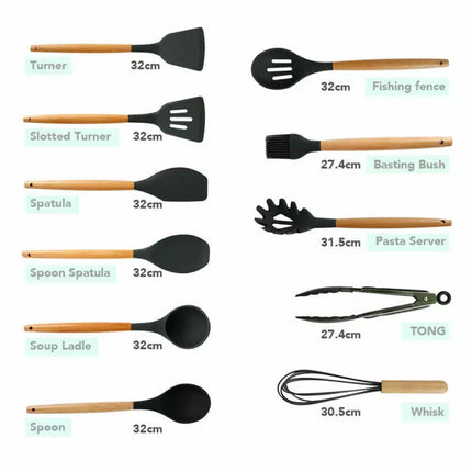 Silicone Utensils Set Wooden Cooking Kitchen Baking BPA Free Cookware Gift 12PCS