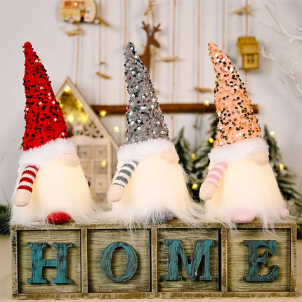 Handmade Christmas Gnome with LED light Santa Elf Figurine Faceless Doll Decor (Red + Pink + Grey)