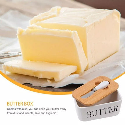Ceramic Butter Dish Box Storage Tray Container w/ Bamboo Lid & Butter Cutter