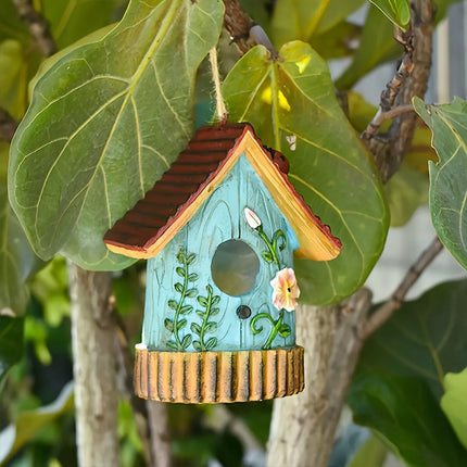 Handmade Artistic Resin Birdhouse Weather-Resistant Garden Hanging Ornament Blue