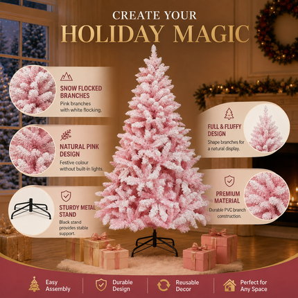 180cm Pink Christmas Tree Snow Flocked Warm LED Light Xmas Decor Indoor