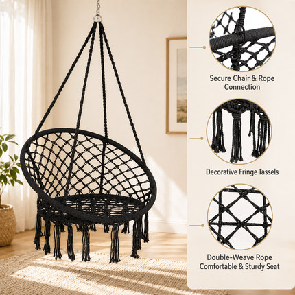 Black Boho Macrame Hammock Chair Hanging Swing Seat Indoor Outdoor Patio