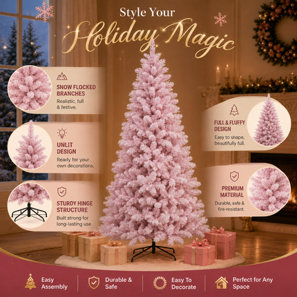 210cm 7FT Pink Snow Flocked Christmas Tree Pre-Lit 350LED Warm White Xmas Decor