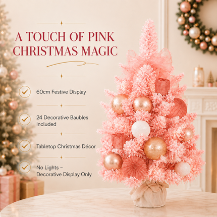 60cm Pink PE Mixed Tip Christmas Tabletop Tree Rose Gold Snowy Decor Gift