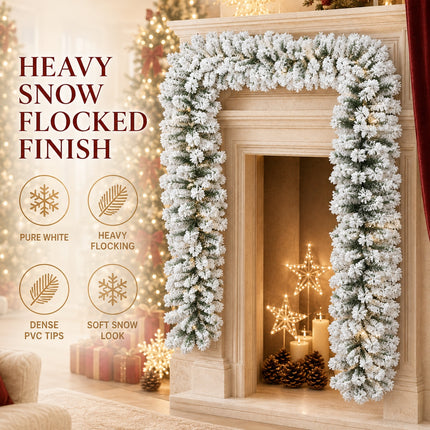 2.7m White Snow Flocked Christmas Garland Hanging Rattan Warm Light Indoor DIY Mantel Decor