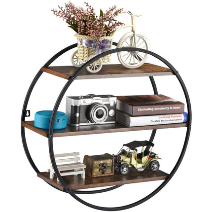 Floating Shelves 3 Tier Decorative Geometric Circle Metal and Wood Wall Shelves