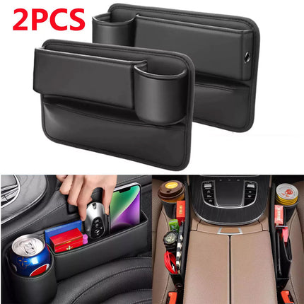 2Pcs Universal Car Seat Gap Filler Organizer Leather Storage Box & Cup Holder
