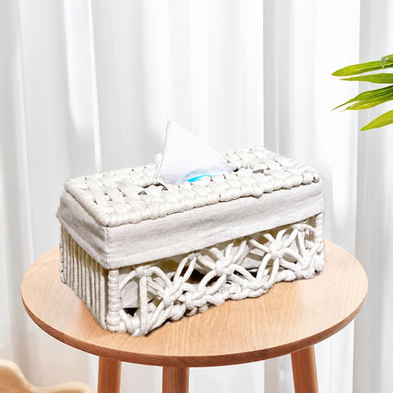 Tissue Box Woven Cotton Rope Paper Cube Organizer Container Case Holder White