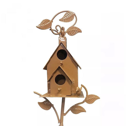 Outdoor Iron Birdhouse Garden Stakes - Metal Craft Bird House for Yard Decor D