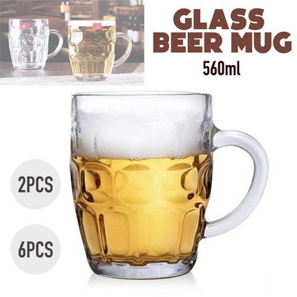 6x Dimple Beer Mug Thick Glass Handle Drinking Party Beverage Wine Cup 560ml