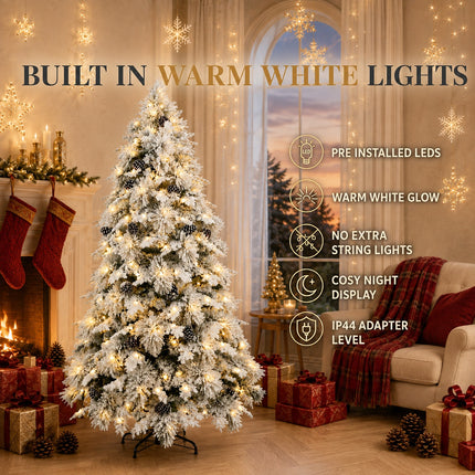 150cm Snow Flocked Christmas Tree Warm 160 LEDs Light Pre Lit Pine Cone Winter Xmas Decor