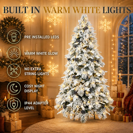 210cm Snow Flocked Christmas Tree Warm 330 LEDs Light Pre Lit Pine Cone Winter Xmas Decor