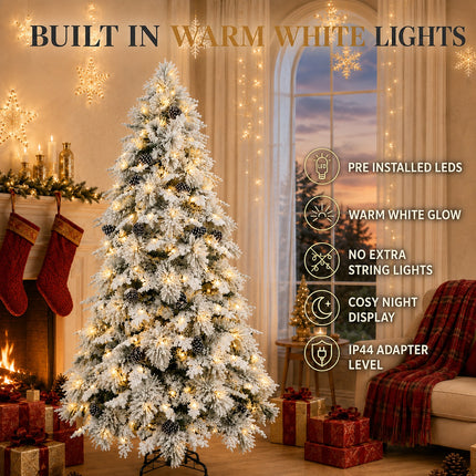 180cm Snow Flocked Christmas Tree Warm 220 LEDs Light Pre Lit Pine Cone Winter Xmas Decor