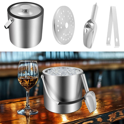3L Ice Bucket with Lid Stainless Steel Ice Container with Scoop Tong