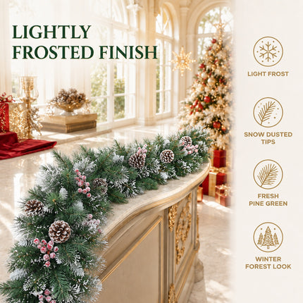 270cm Lightly Frosted Pine Christmas Garland with Pine Cones & Red Berries Decor
