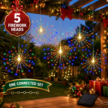 Solar Powered Multicolour LED 5 Head Firework Christmas Hanging Lights 8 Modes Copper Wire
