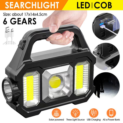 Portable LED Search Light Solar USB Rechargeable Flashlight Torch