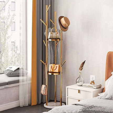 Golden Pole Tree Metal Coat Rack Stand Hooks Hanger Stable Marble Base Standing