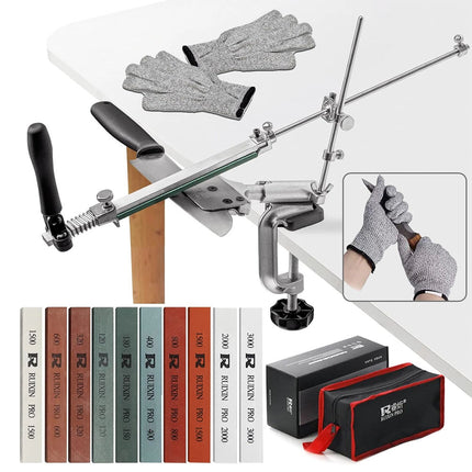 Knife Sharpener System Angle Adjustable Sharpening w/ 10 Whetstones & Gloves Set