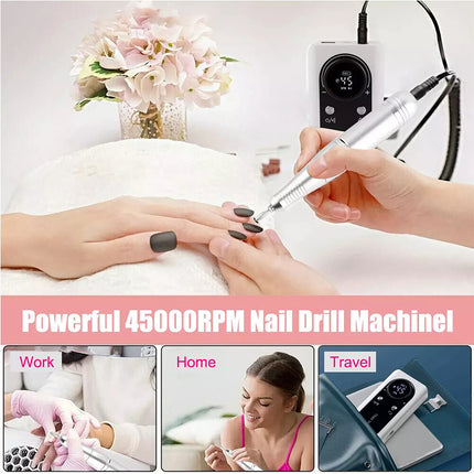 Professional Rechargeable Nail Drill File Machine 45000RPM Portable Electric