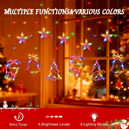 12 LED Hanging Deer Bells Curtain Lights Christmas Garland String Fairy Window