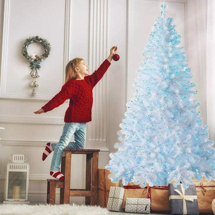 1.2/1.5M/1.8M/2.1M Christmas Tree with LED Lights Easy Assemble Bushy Xmas Decor White Tree+Blue Lights