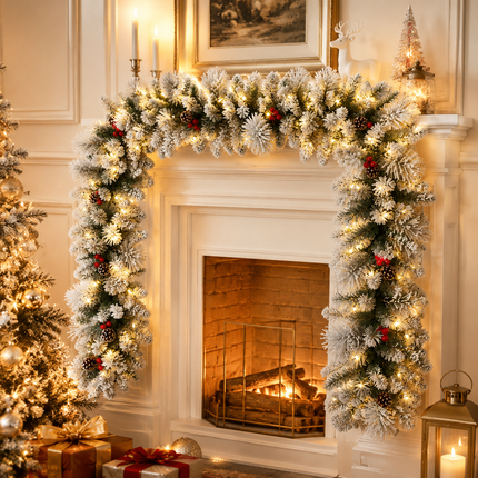 270cm Lush Snow Flocked Christmas Garland Pre-Lit LED Berry Pinecone Battery