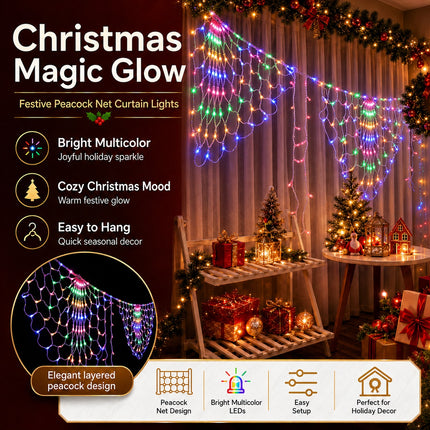 3M Solar Peacock String Net Lights Multicolour Christmas Mesh Curtain Lights Outdoor Garden Decor