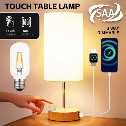 Decor Small Bedside Table Lamp Nightstand Light with Round Flaxen Fabric Shade