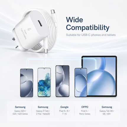 White PD 25W Fast Charger Power Adapter Samsung Type C Wall USB-C Cable Google Oppo