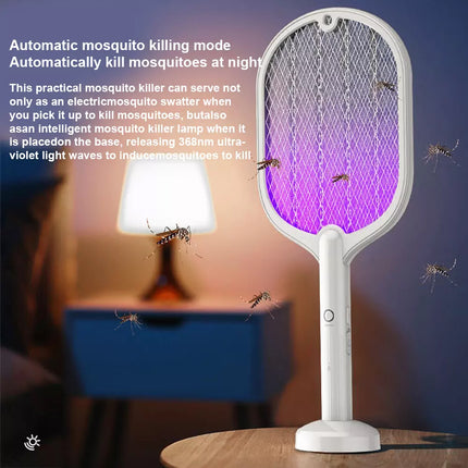 2 In 1 Electric USB Rechargable Racket Fly Swatter Mosquito Insect Killer Zapper White