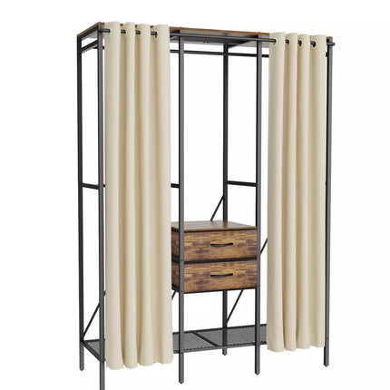 XXL Large Industrial Coat Rack Stand Bedroom Open Wardrobe w/ 2 Drawer Shelves