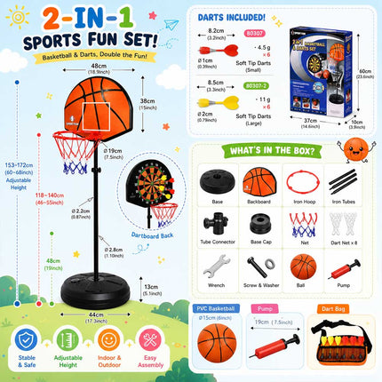 2 in 1 Kids Basketball Hoop & Magnetic Dart Board Set Adjustable Height Indoor