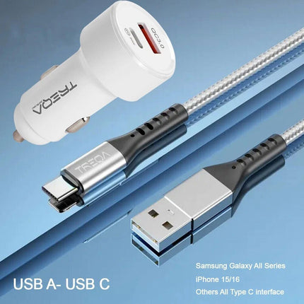 White USB-C Fast Car Charger with Charging Cable Adapter iPhone Samsung