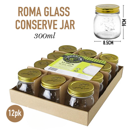 300ml Glass Conserve Jar Gold Lid Screw Top Jam Lolly Storage Preserving Jars 12pak