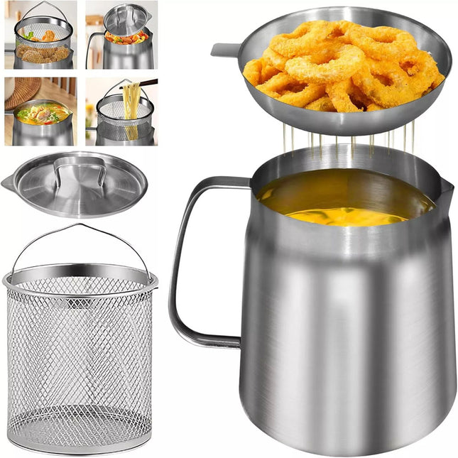 2L Deep Fryer Pot Oil Tank Kettle with Filter for Oils Storage Stainless Steel
