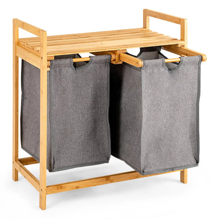 Laundry Baskets Hamper Bamboo Shelf w/ 2 Sliding Washing Clothes Bags