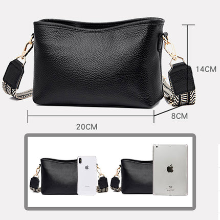 Soft Leather Women Crossbody Bag Wide Shoulder Straps For Casual Zipper Black