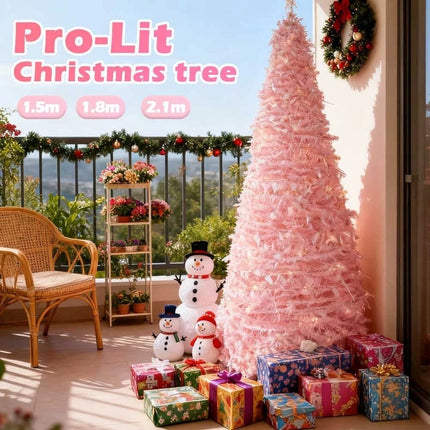 Pre-Decorated Pink Christmas Tree Foldable Holiday Decoration LED lights Xmas