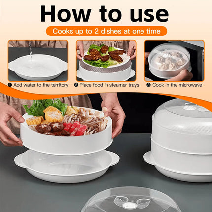 Microwave Steamer 2 TIER Double layer Cooking Meals Vegetables Kitchen Appliance